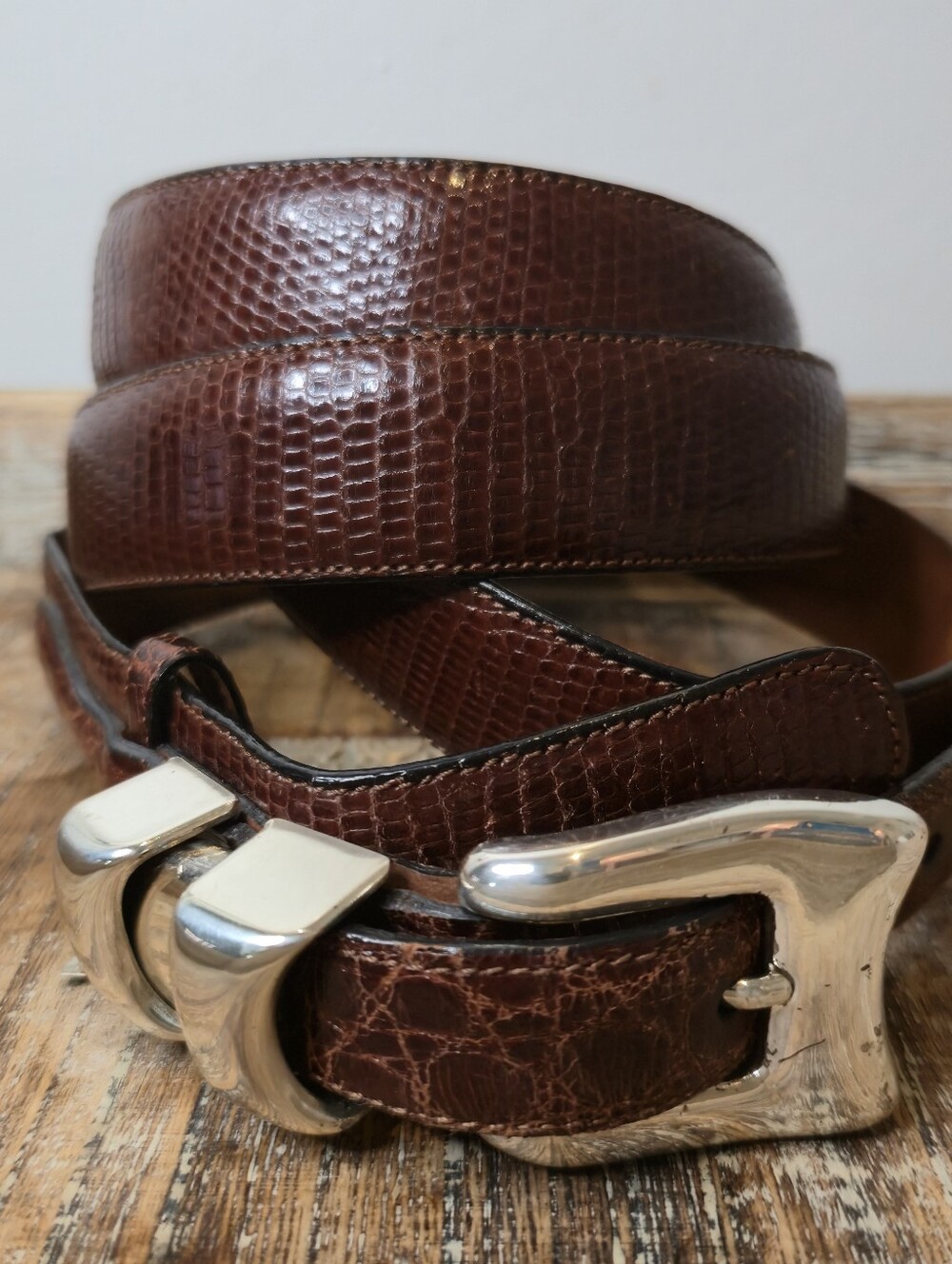 Vintage Calé Spain Genuine Lizard Crocodile Leather Belt Brown Exotic Dual Skins